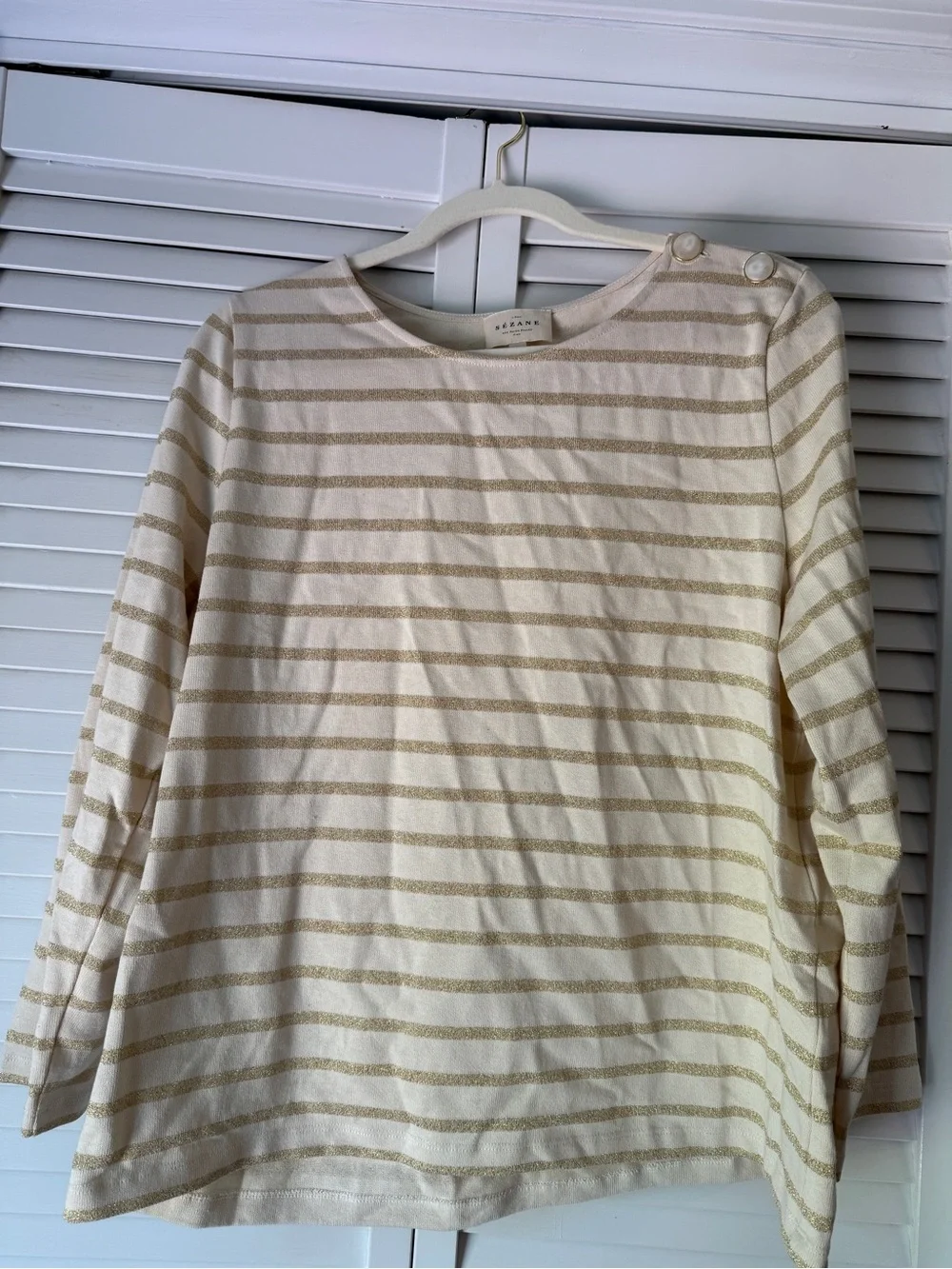 Sezane Cream Striped Long Sleeve Tee with Metallic Gold Accents